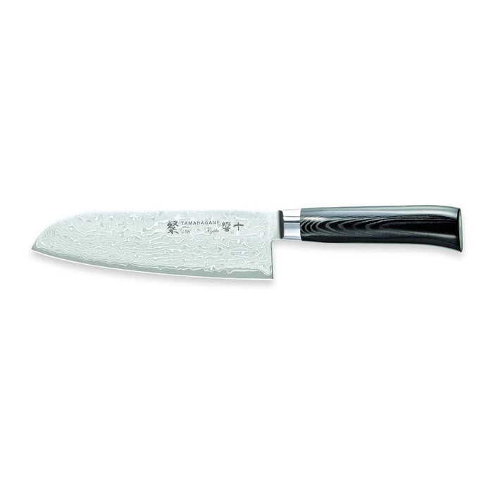 Tamahagane San Kyoto Damascus Steel Santoku Knife with Black Mikarta Handle, 7-Inches