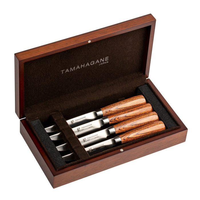 Tamahagane San 3-ply Special Steel 4-Piece Steak Knife Set with Brown Pakkawood Handle in Wooden Case