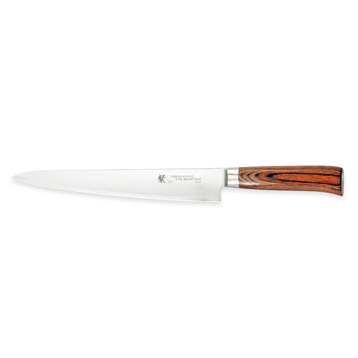 Tamahagane San 3-ply Special Steel Sujihiki Slicing Knife with Brown Pakkawood Handle, 9.5-Inches