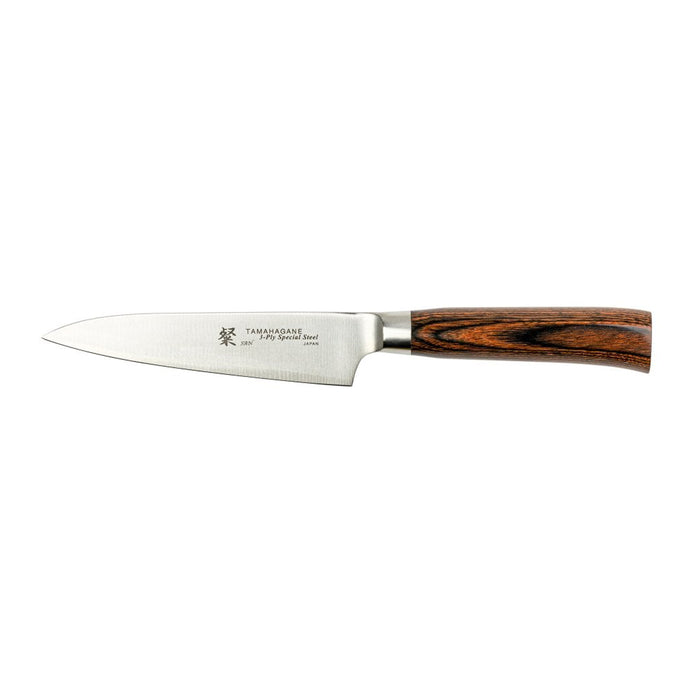 Tamahagane San Tsubame 3-ply Special Steel Petty Utility Knife with Brown Pakkawood Handle, 4.5-Inches